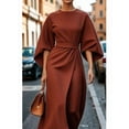 thumbnail image 2 of Women'S Elegant Batwing Sleeve Cocktail Party Dress Solid Casual Loose Ruched Slit Midi Dress with Belt Brown M, 2 of 3
