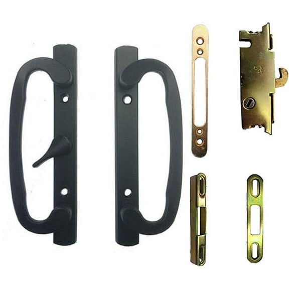 Sliding Glass Patio Door Handle Kit with Mortise Lock and Keepers, A-Position, Centered Latch Lever, Black, Non-Keyed