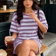 thumbnail image 6 of Cagogo Women Plus Size 2 Piece Shorts Set Striped Casual Summer Outfits Loose Round Neck Short Sleeve Tshirt Shorts Matching Lounge Sets Tracksuits Travel Airport Clothes, Purple 3XL, 6 of 9