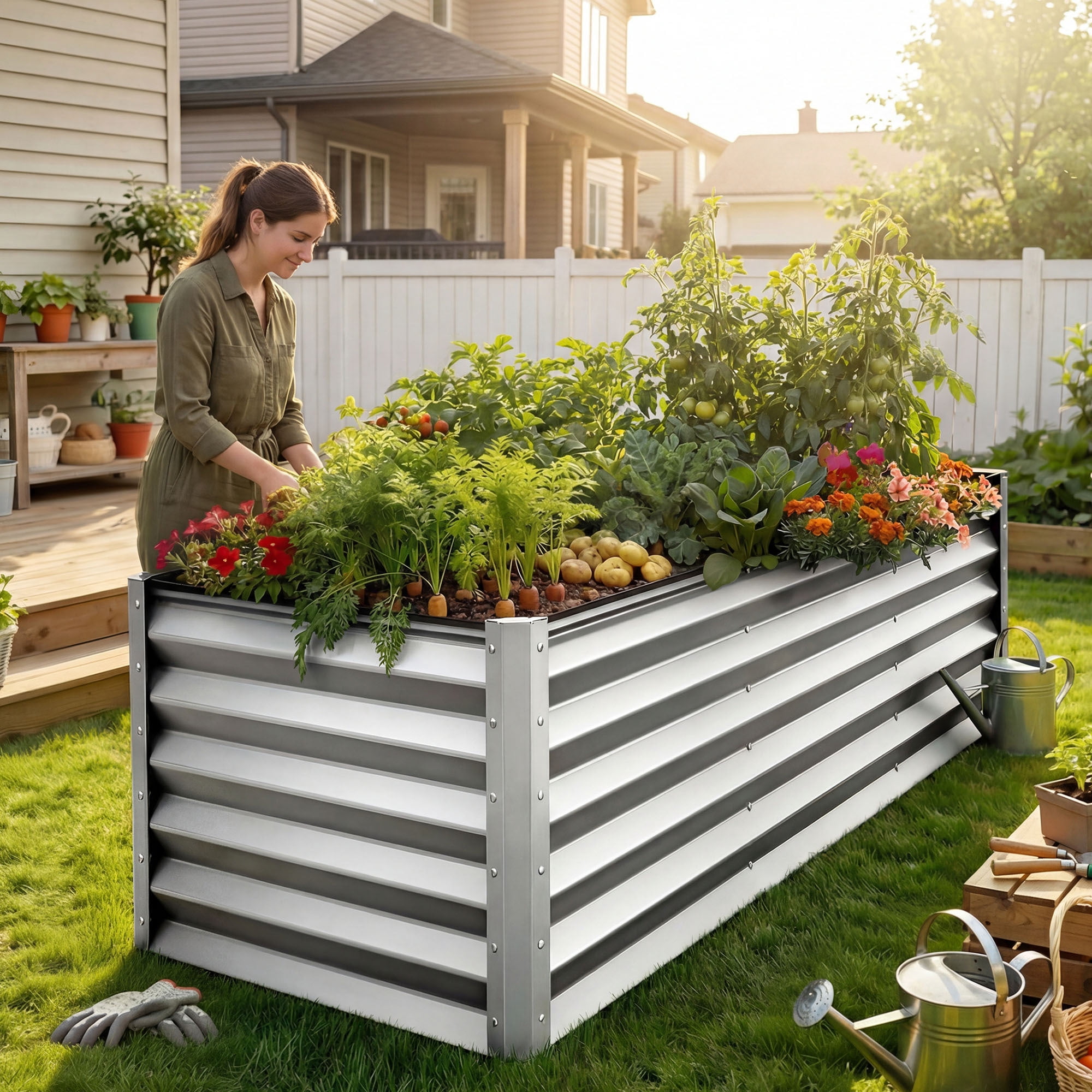 Uforic 8x4x3ft Large Galvanized Metal Raised Garden Bed Kit with Gloves, Support Rod & Safety Rubber, Outdoor Above Ground Planters for Plants Vegetables Flowers, Silver