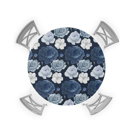 

Round Tablecloth with Elastic Blue Flowers Retro Waterproof Stain-proof Table Cover Wipeable Fitted Table Cloths for 55 -60 Round Tables Dining Kitchen
