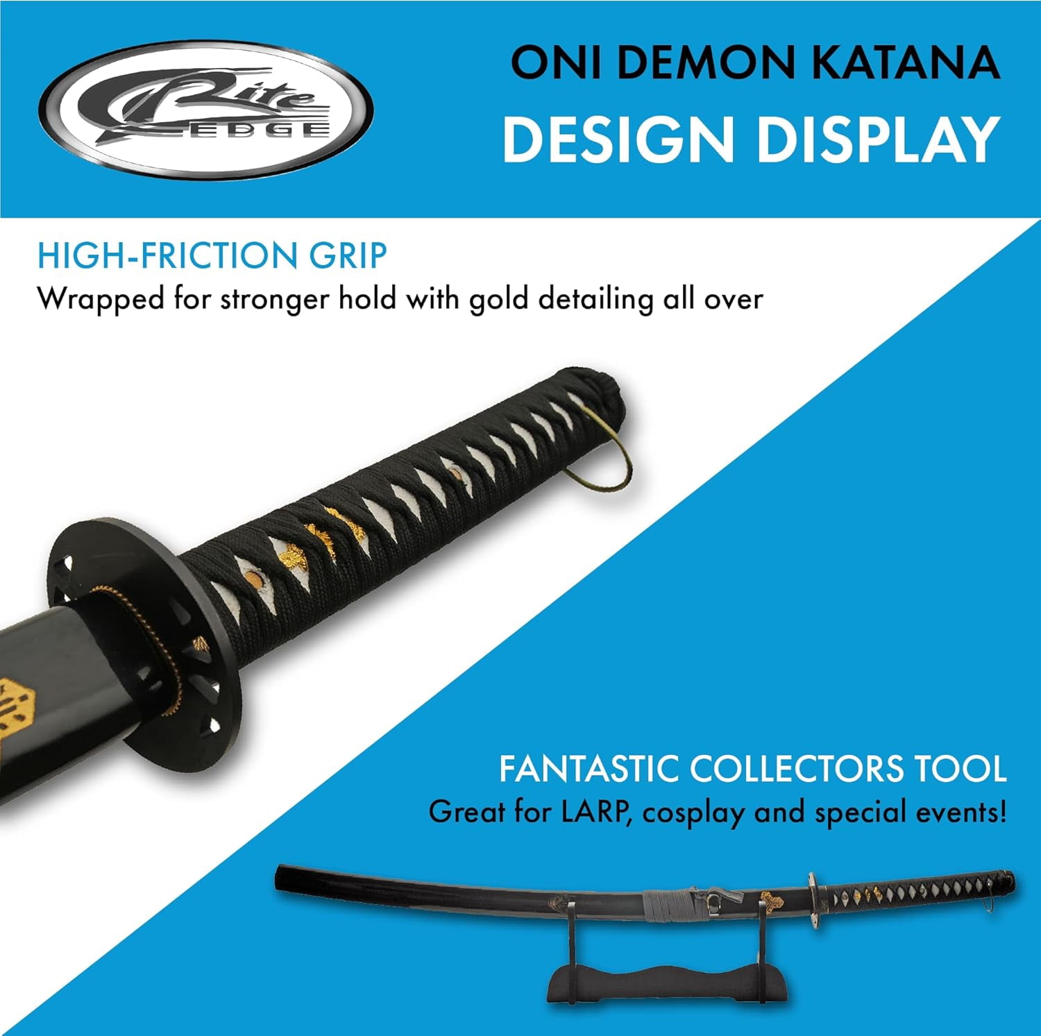 SZCO 40" Black Carbon Steel Oni Katana with Wooden Display Stand