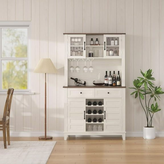 72" Farmhouse Coffee Bar Cabinet with 4 Doors, 2 Drawers & Wine Glass Rack,White Kitchen Storage Cabinet with Wine Holder, White