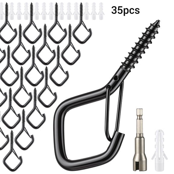 ARRITZ 35pcs Q‑Hanger Hooks with Safety Buckle, Metal Screw Ceiling Hooks for String Lights, Wind Chimes, Lanterns, Plants, Indoor & Outdoor Decor