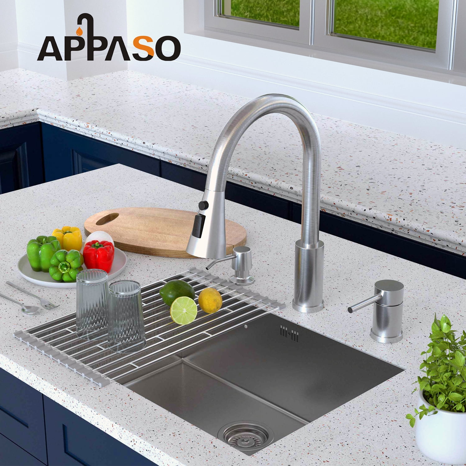 APPASO 3-Hole Kitchen Sink Faucet with Single Handle and Soap Dispenser, Stainless Steel High Arc Kitchen Faucet.