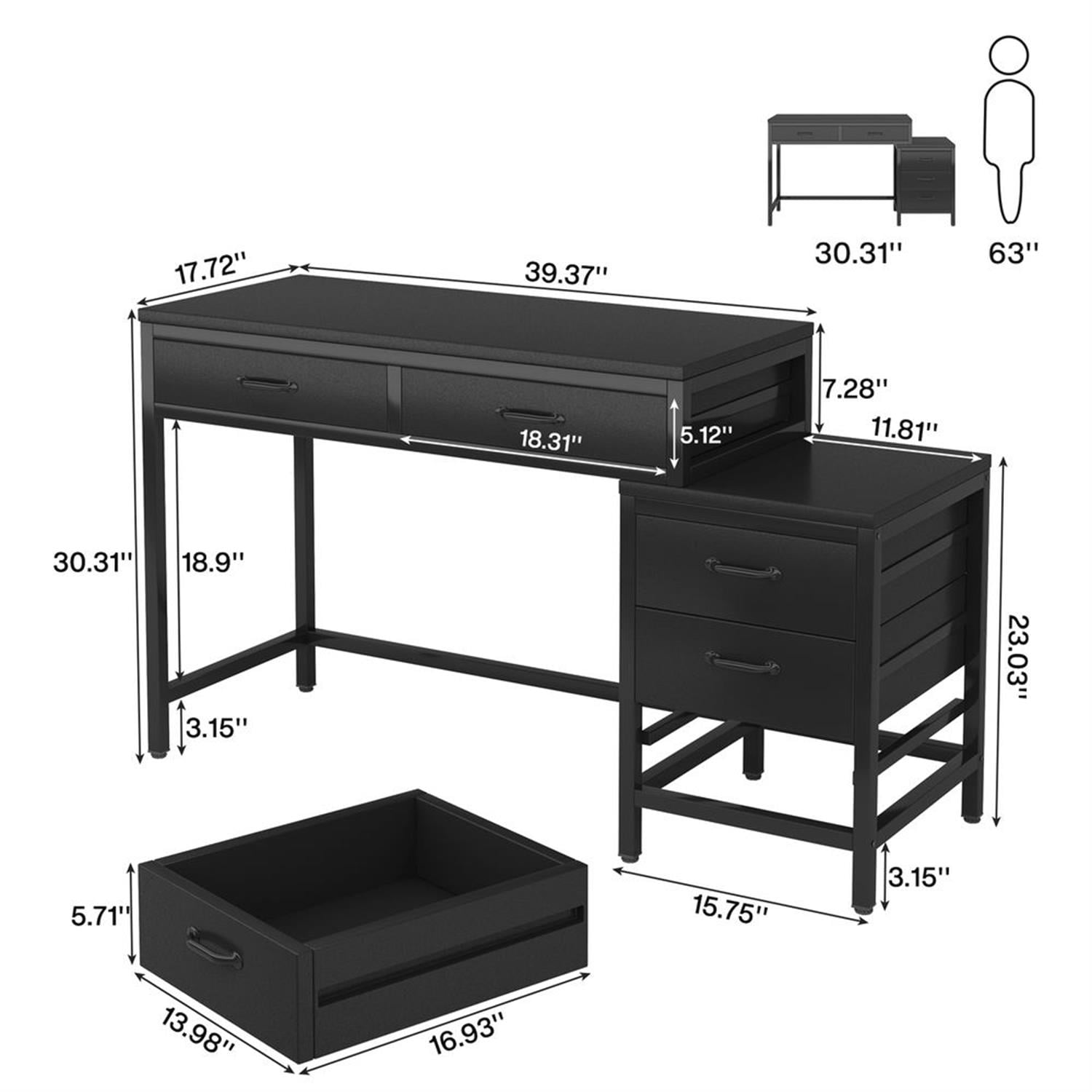Demi Bonn 51" Computer Desk with Reversible Drawer Cabinet, Modern Study Writing Gaming Table for Home Office, Black