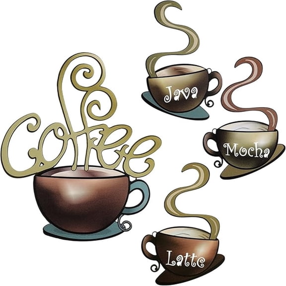 4 pieces of metal coffee cup wall decorations - coffee bar decorations wall art for coffee house themes - vintage coffee cup logos - items for kitchen decoration - decorations for stores, restaurant