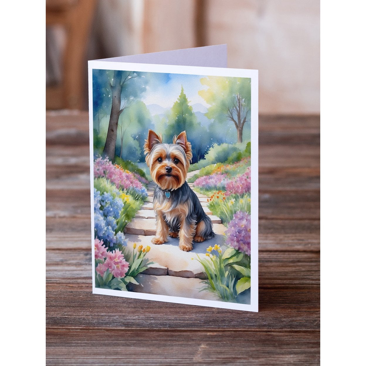 Yorkshire Terrier Spring Path Greeting Cards Pack of 8 7 in x 5 in