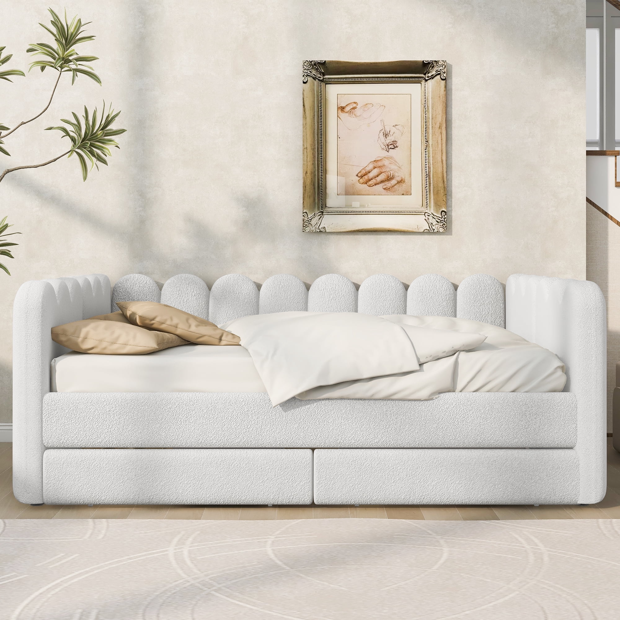 EUROCO Queen Upholstered Daybed with 2 Storage Drawers, Solid Wood Frame, Easy Assembly, Space-Saving Design, White