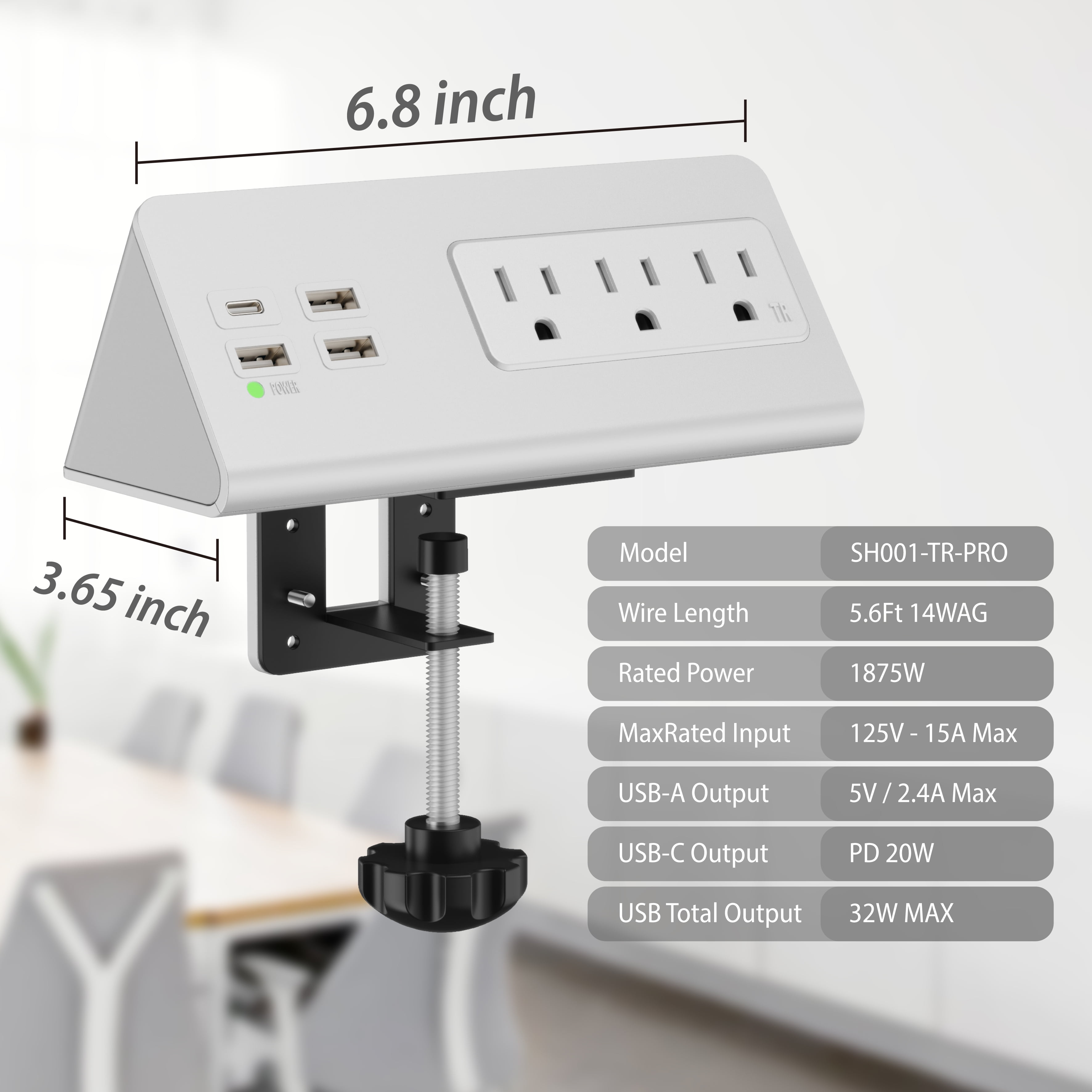 2-Pack Desk Edge Clamp Mount Power Strips with USB Ports, 3*AC Outlets Power Strips for Nightstand, PD 20W USB-C Port Charging Station with 6Ft Extension Cord,White