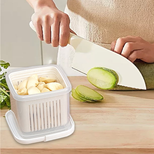 Caja organizadora de plástico para frigorífico con drenaje - Almacenamiento sellado para jengibre, ajo, condimentos, verduras y carne