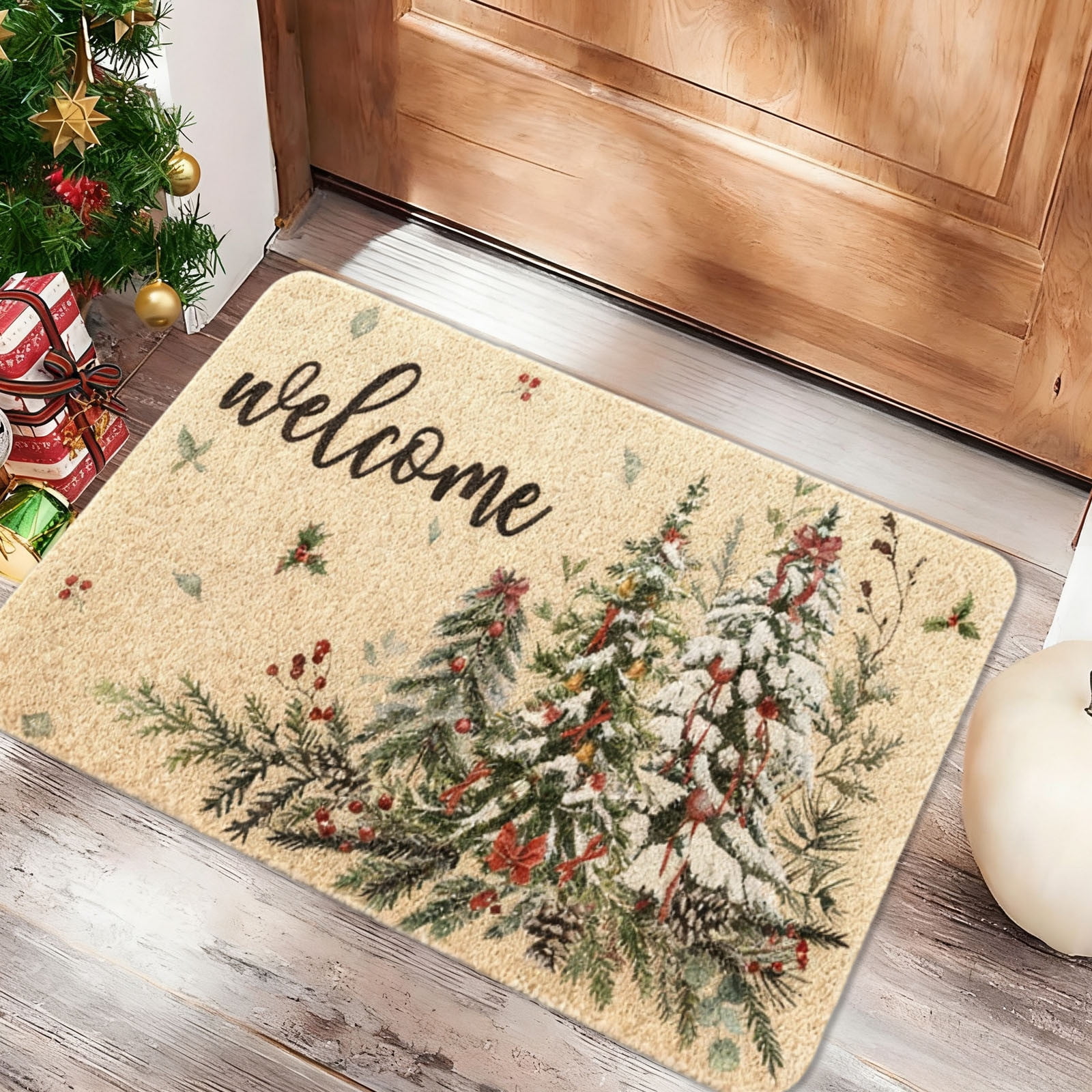 Whaline Merry Christmas Doormat - Coir Non-Slip, 17x29 Inch, Christmas Tree Design Indoor/Outdoor