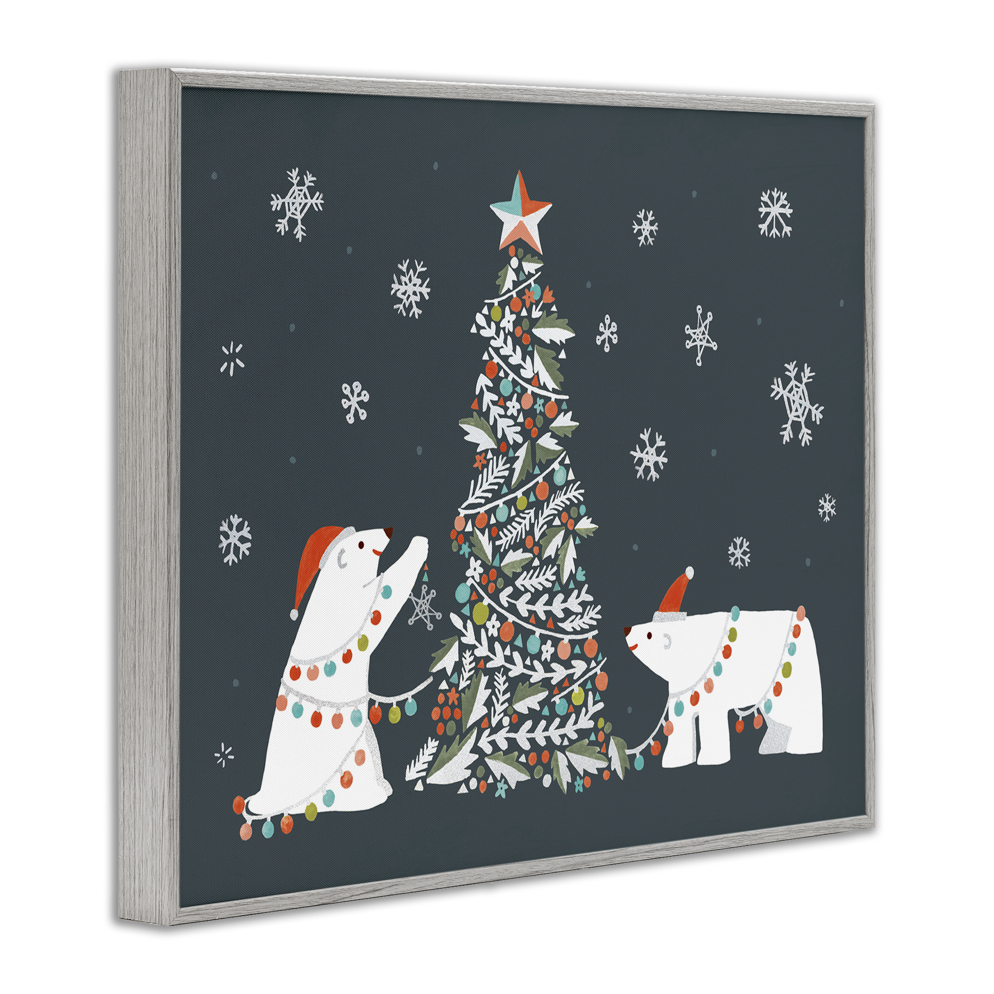 Stupell Industries Polar Bears with Christmas Tree Holiday Painting Gray Framed Art Prints Wall Art, 30 x 24