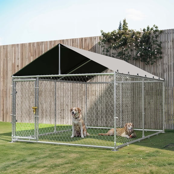 Dextrus 10'x10' Outdoor Dog Kennel with Metal Dog Gate, Outdoor Dog Enclosure with Roof, Heavy Duty Dog Kennel for Outdoor Backyard Farm