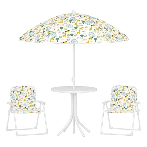 Kids Picnic Table and Chair Set, Outdoor Activity Table with Foldable Chairs, Removable Umbrella, and Giraffe Pattern Toddler Patio Furniture for Backyard, Garden, White