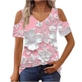 thumbnail image 2 of Cold Shoulder Tunic Tops for Women Graphic Prints V Neck Short Sleeve T-Shirts Loose Fit Summer Casual Blouses (S, Pink), 2 of 6