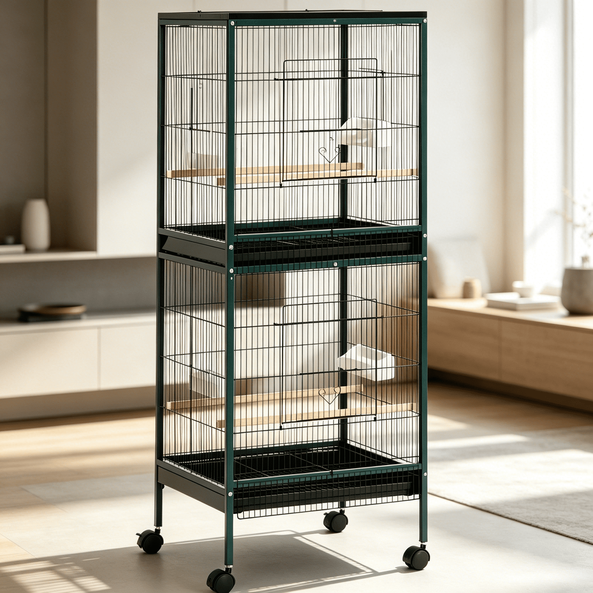 Large Bird Cage with Wheels for Indoor Aviary, Multi-Door Design for Easy Access, Green or Black Steel and Wood Habitat for Small Birds