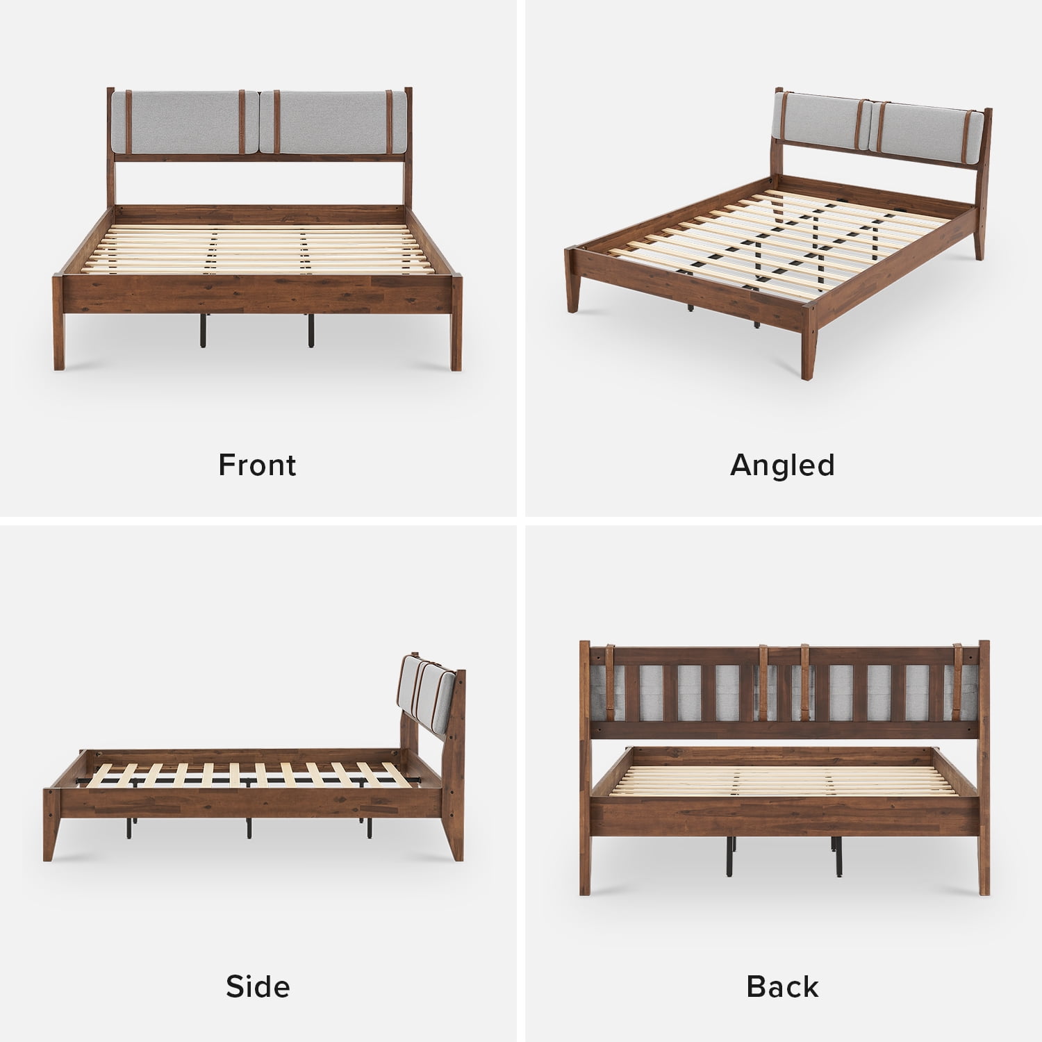 mopio Ted Bed Frame with Removable Upholstered Headboard, Mid Century Modern Acacia Solid Wood Platform Bed Frame, Walnut (Queen Upholstered Bed)