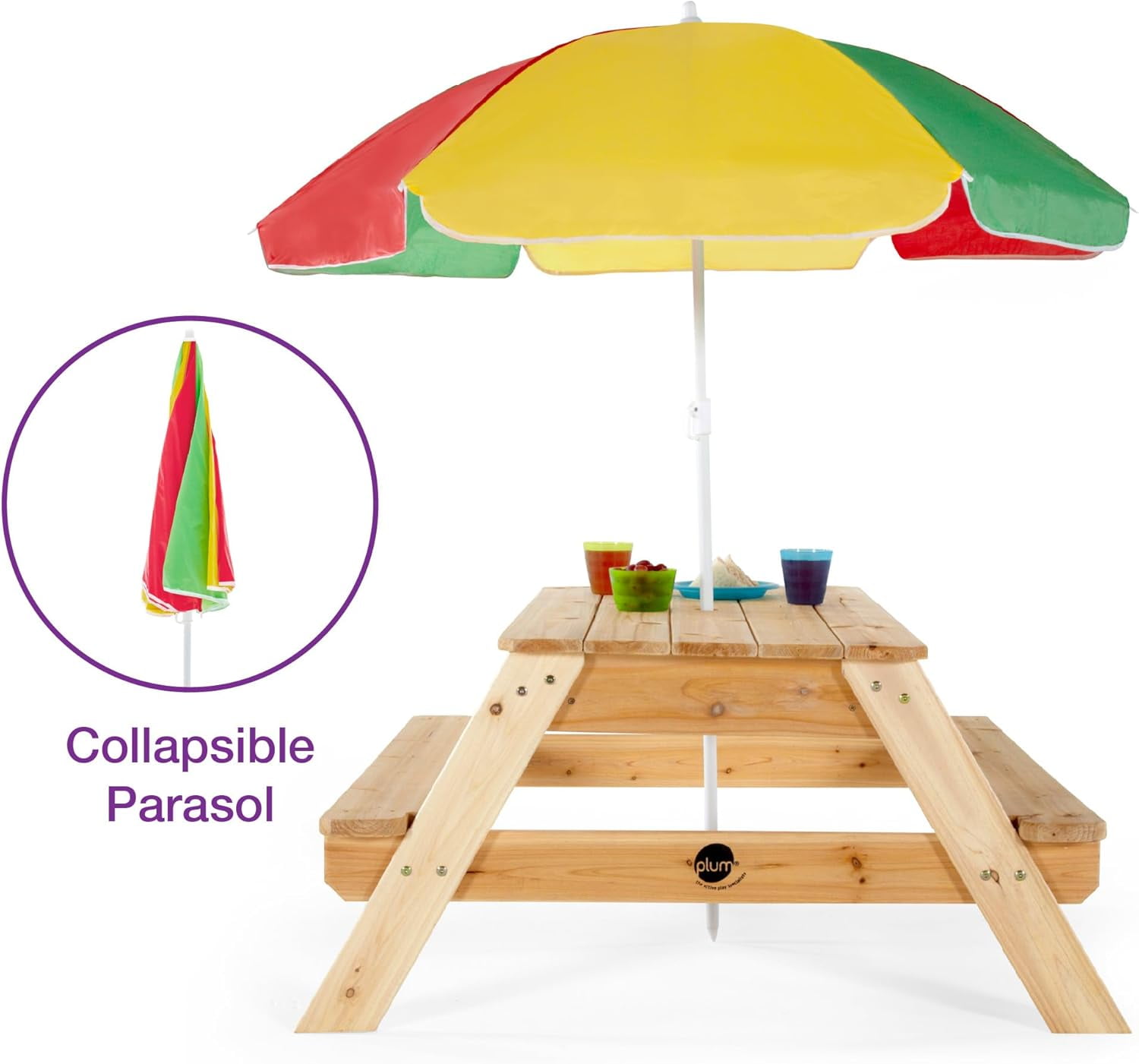 Plum® Surfside Wooden Sand and Water Table with Umbrella - Outdoor Kids Picnic Table with Adjustable Parasol and Removable Tabletop, Toddler Sensory Toys, Sturdy, Weatherproof, Easy to Clean, Ages 2+