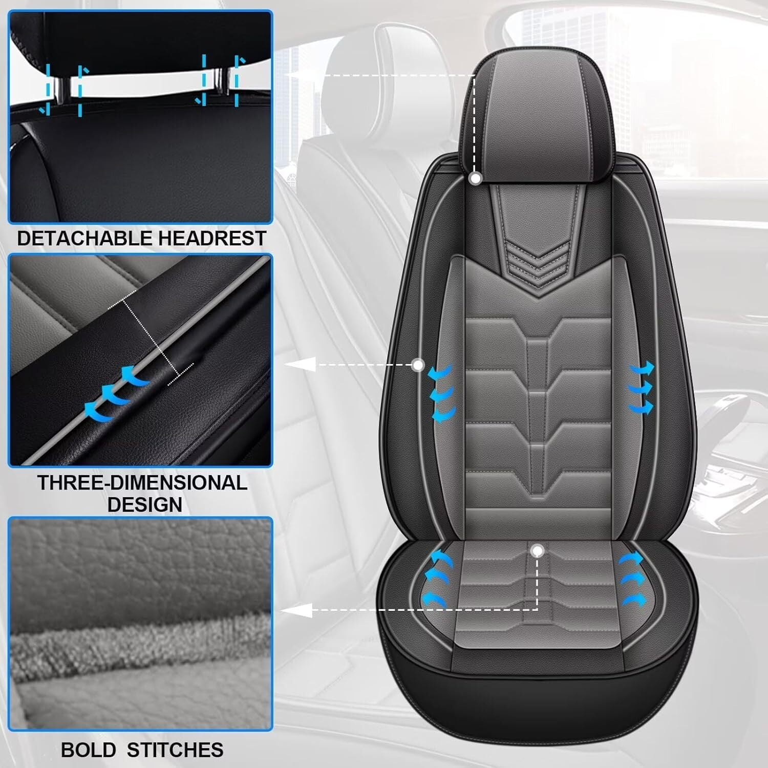 DIKSOAKR 2 Front Car Seat Covers Fit for Toyota RAV4 2007-2025 Faux Leather Seat Cushion with Lumbar Support Airbag Compatible Automotive Interior Accessories (Black&Gray)