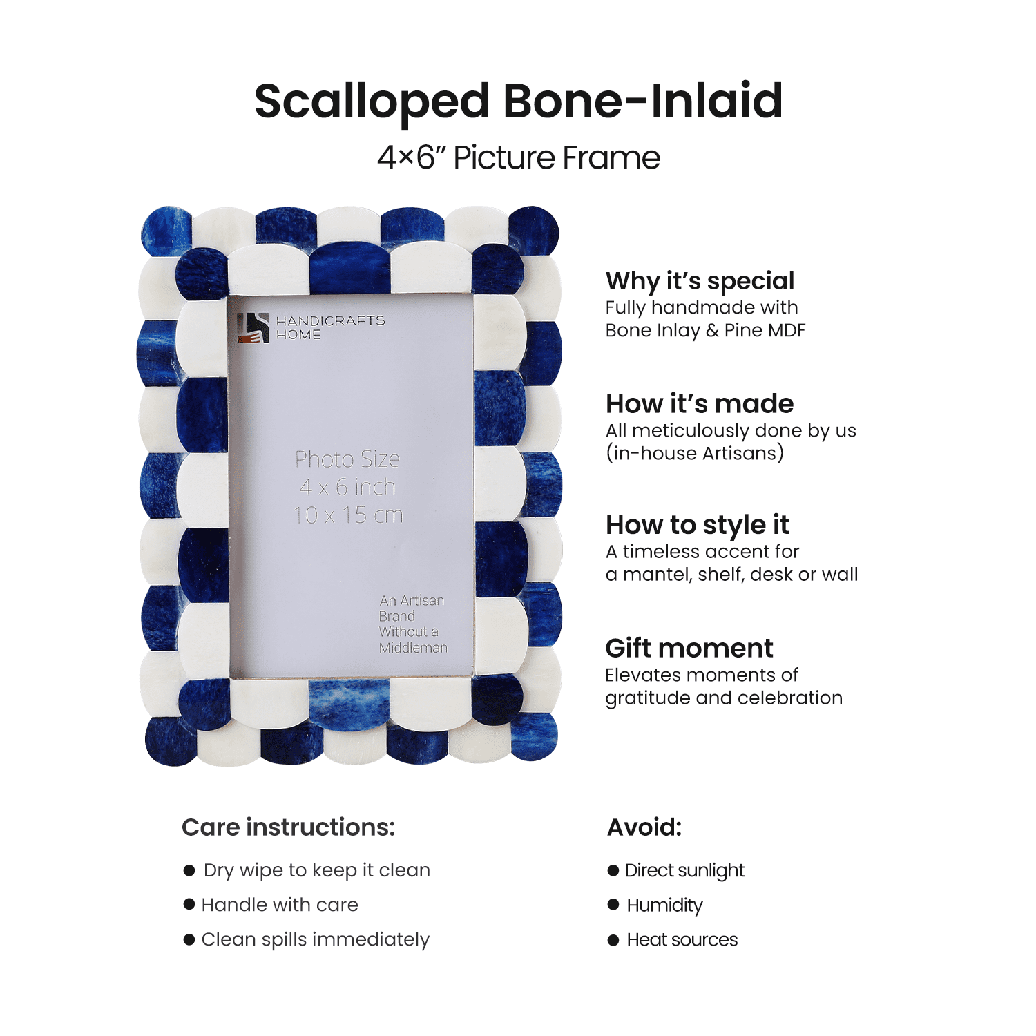 Handicrafts Home 4x6 Picture Frame Blue & White, Scalloped Bone Inlay Photo Frame, Handmade Decorative Picture Frame for Wall or Tabletop, Coastal Modern Home Decor