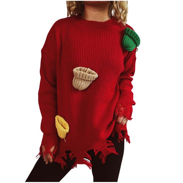 Rbaofujie Christmas Sweater Chandail Tricoté Ample de Noël Uni pour Femmes, Col Rond, Rouge, Chandails pour Femmes Automne