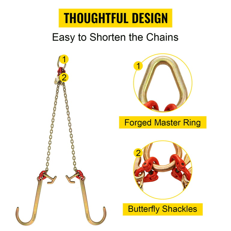VEVOR Tow Chain Bridle with 15in J Hooks, V Bridle Chain 5/16in x 2ft Grade  80 with Mini T and Crab Hooks, Heavy Duty J Hook Chain 9260lbs Break  Strength 