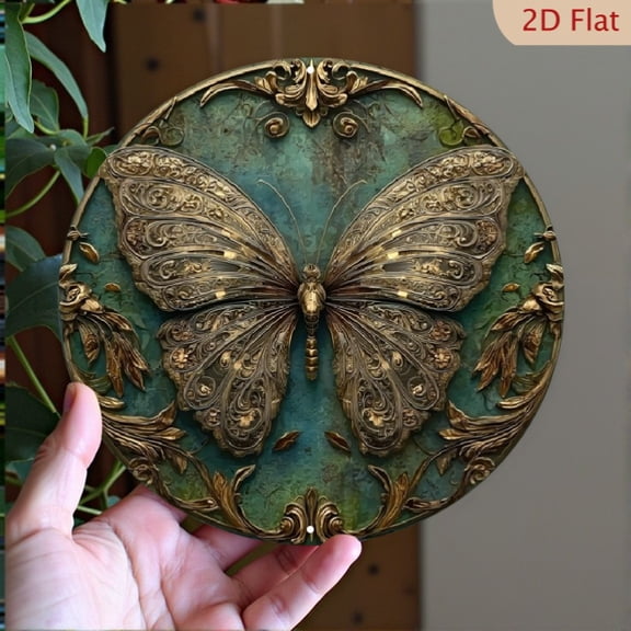 Ornate Gold Butterfly Sign, Victorian Verdigris Patina Wall Decor, 1pc, 8" Round Aluminum Wall Art Sign, Metal Signs, Wall Decor For Kitchen, Door, Office, Room, Home Decor, Ideal Gifts, 2D Flat