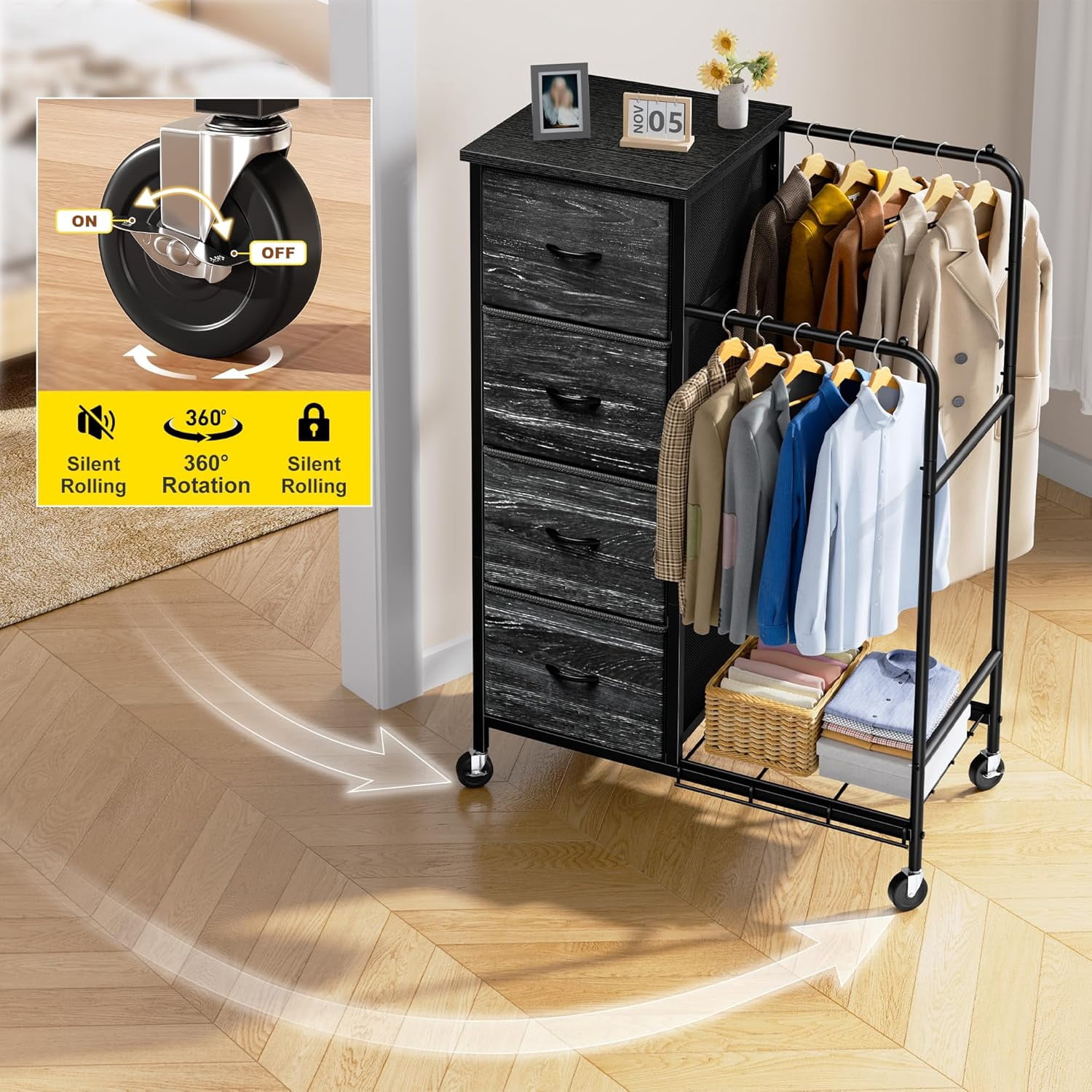 47.3" H Dresser with Hanging Rack, 4 Fabric Drawers with Double Clothes Rack & Wheels, Tall Closet Organizer Dresser for Bedroom, Entryway, Black, 15.8" D x 29.9" W x 47.3" H