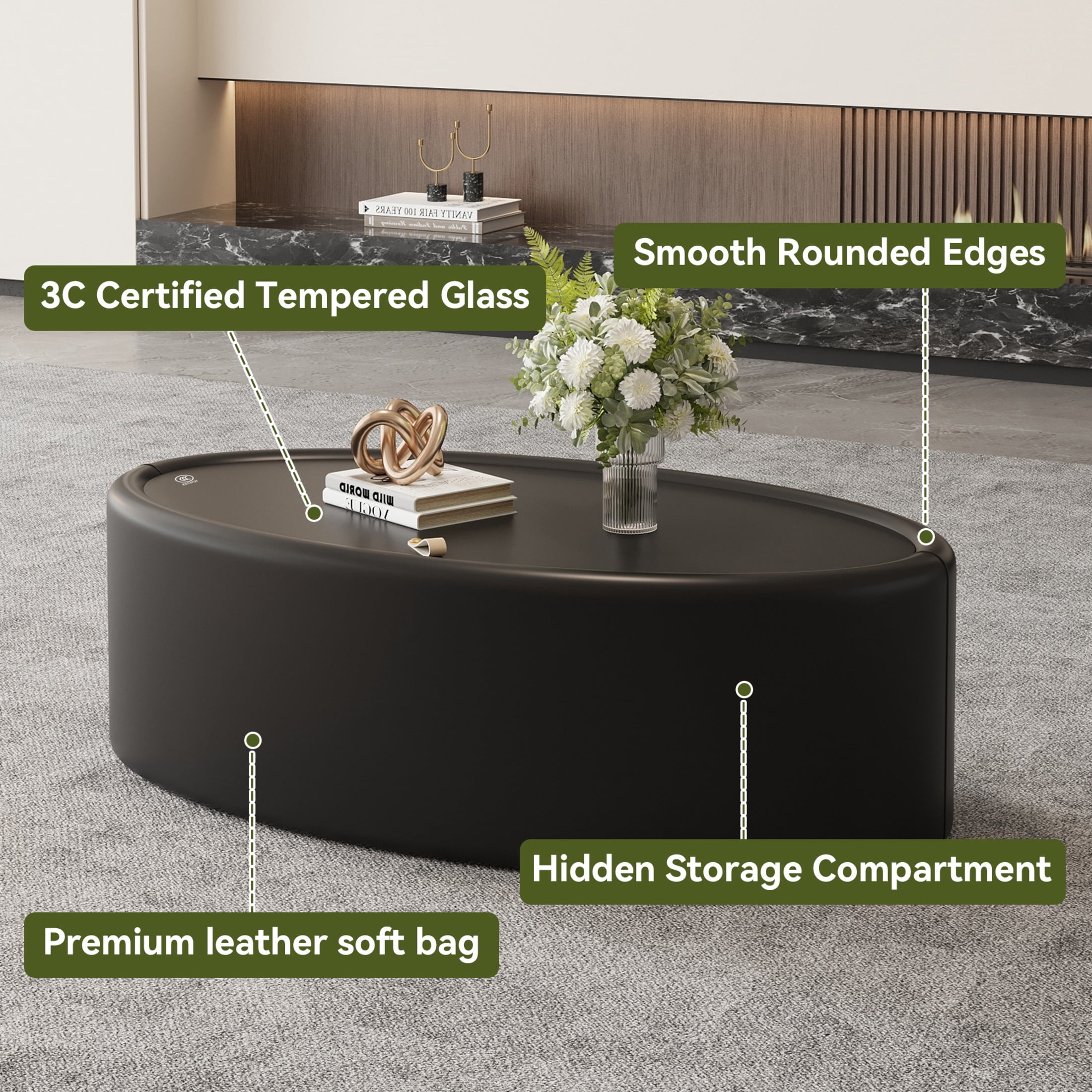 Noble House Morade 33.5" Fluted Oval Storage Coffee Table with Glass Top & Leather Wrapped for Living Room, Black