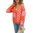 thumbnail image 3 of Womens Color Block Plaid Button Down Cardigan Long Sleeve Cable Knit Checkered Sweaters Tops Y2k Aesthetic Clothes Orange L, 3 of 10