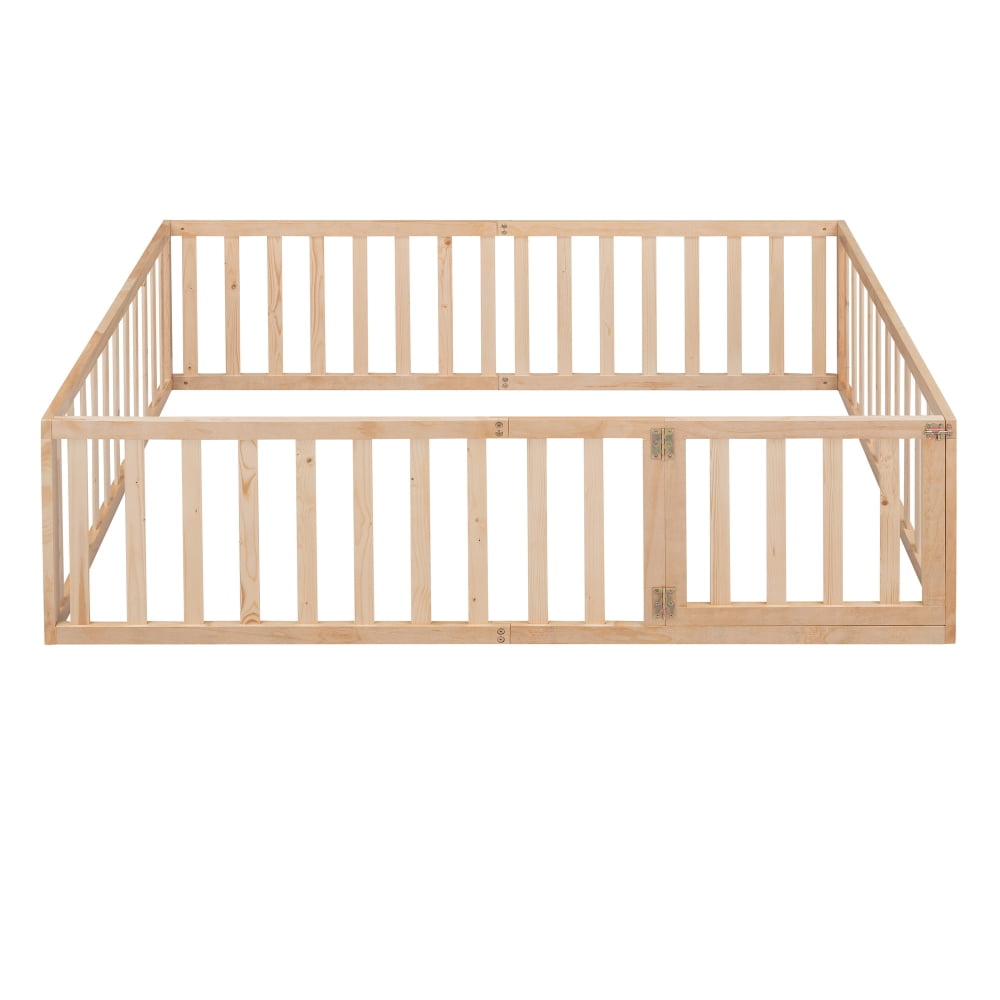 Full Size Floor Bed Frame for Kids, Solid Wood Montessori Bed Frame with Fence Rail and Door, Montessori Floor Bed Wood Full Bed Frame for Boys and Girls, Natural