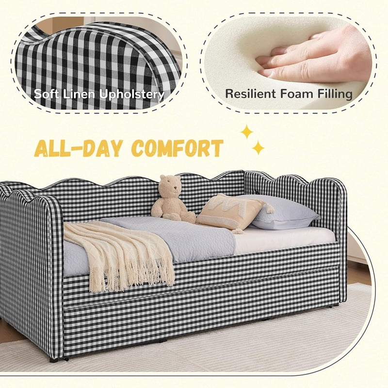 Full Size Upholstery Daybed with Trundle and USB, Full to King Design Wave Shaped Extendable Linen Sofa Bed, No Box Spring Required, for Living Room and Bedroom