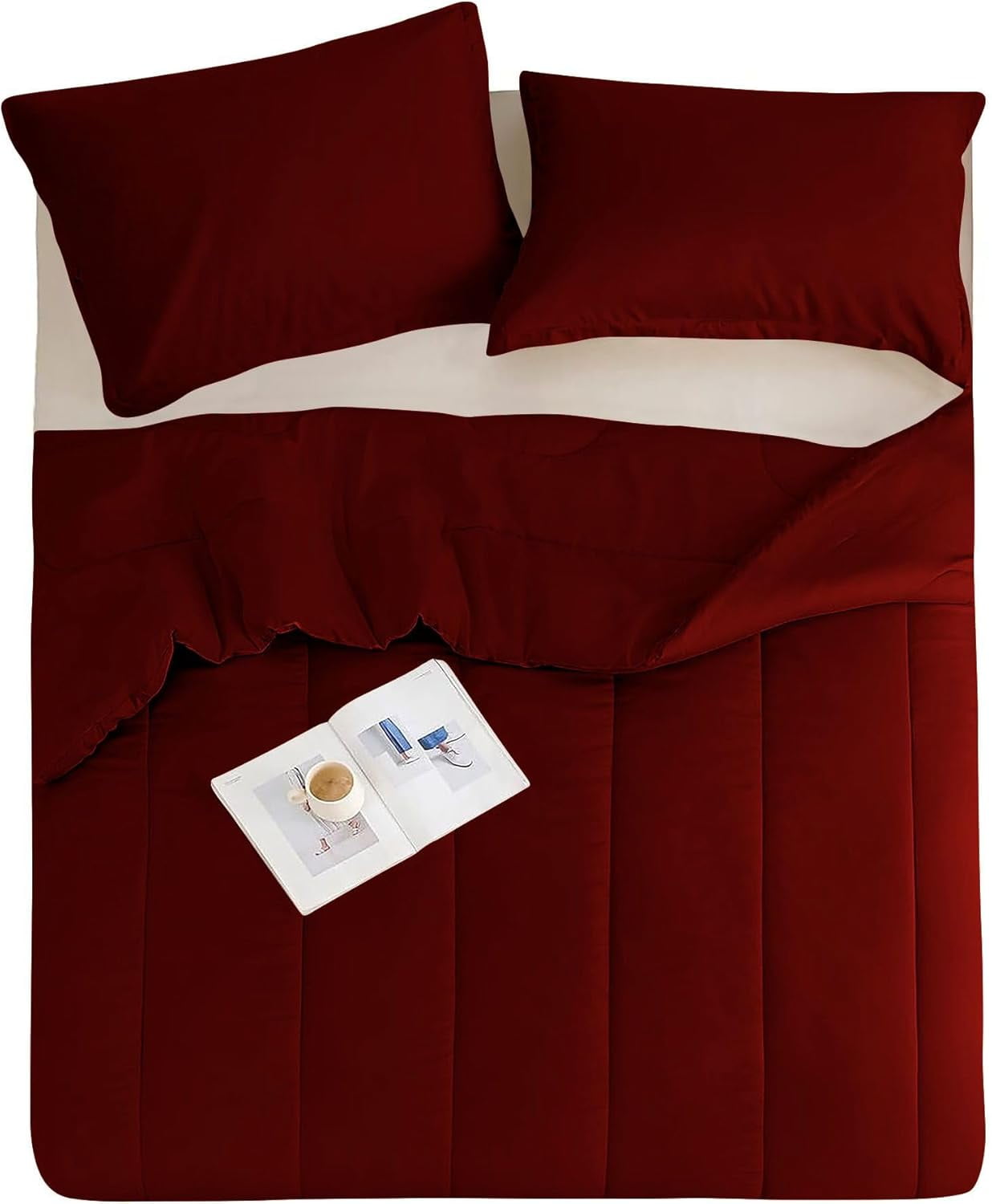 3 Piece Luxury Thicker Pattern Comforter Set, 800 TC, 100% Egyptian Cotton, Twin/Twin XL Size Burgundy Solid Color