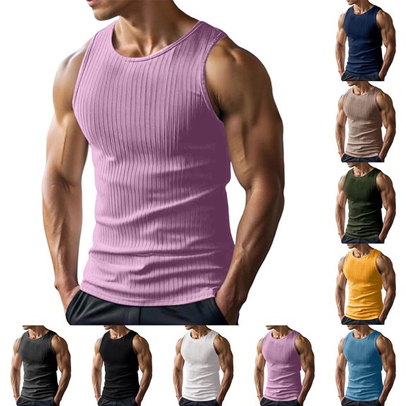 Mens Ribbed Slim Fit Tank Top Crewneck Sleeveless Muscle Shirt Breathable Stretchy Wrinkle Resistant Soft Casual Daily Wear Comfortable Vest, #03 Pink, M