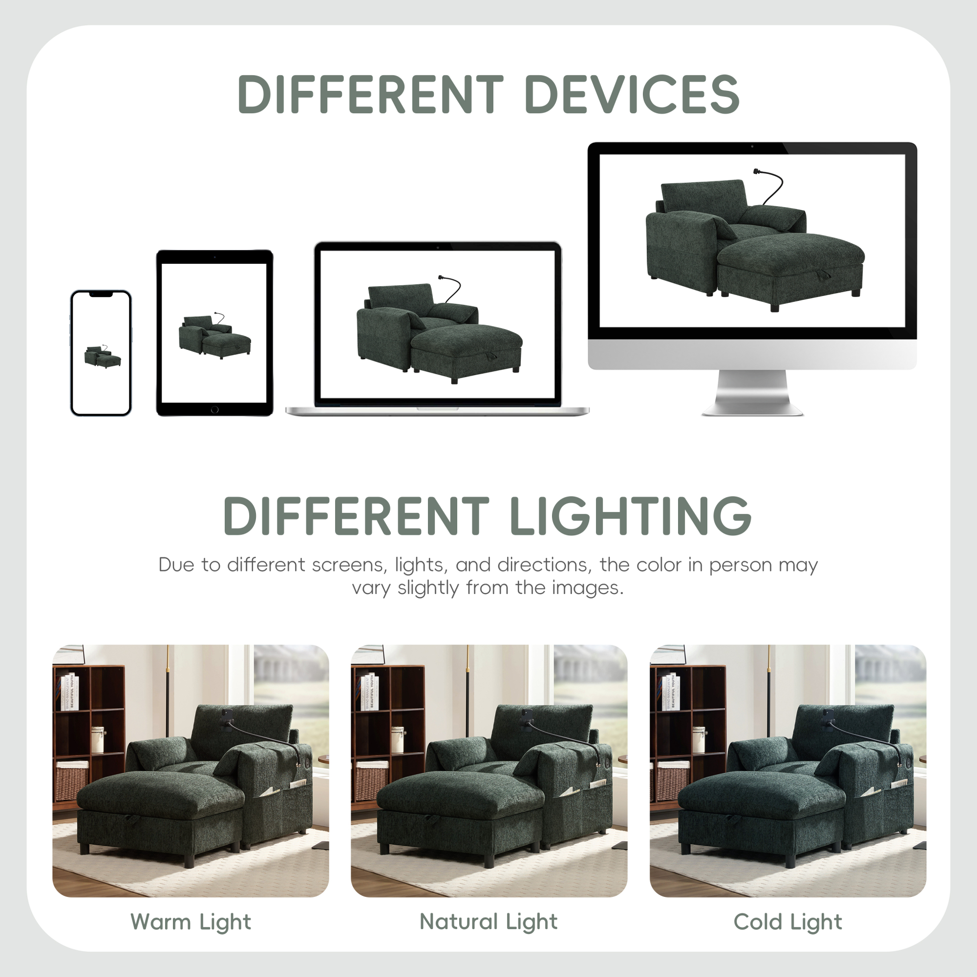 38" Accent Chair with Storage Ottoman, Single Sofa with USB Charger and Phone Holder, Wide Seat Chaise Lounge for Living Room&Apartment,Green