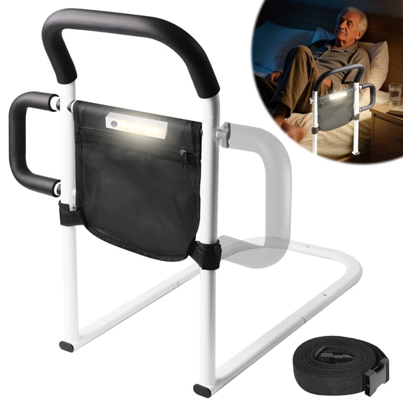 Bed Rails for Elderly Adults Safety - Adjustable Bed Assist Rail with LED Night Light, 300lb Weight Capacity, Non-Slip Handles & Storage Pouch, Fits Twin/Full/Queen/King Mattresses, White