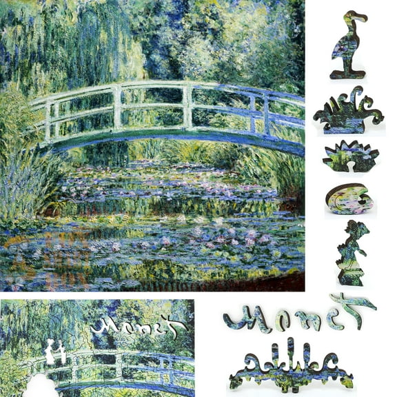 Wooden Jigsaw Puzzles for Adults - Uniquely Shaped Pieces - made in USA by FoxSmartBox - 210 Pieces - Water Lilies and Japanese Bridge