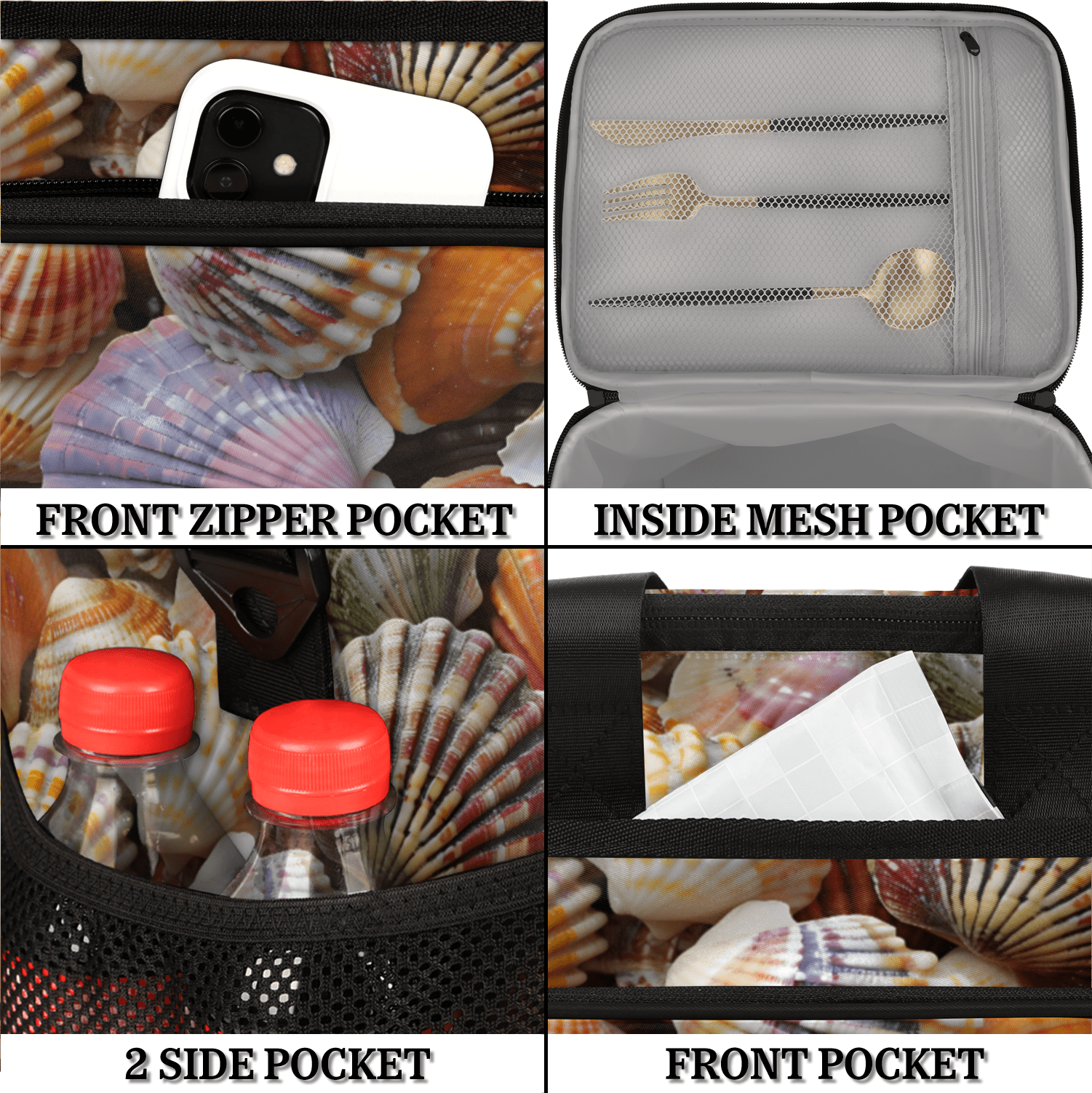 Herdesigns Seashells Beach Themed Large Lunch Box for Adults Women Men with Adjustable Shoulder Strap, Insulated Reusable Lunch Bag Leakproof Cooler Tote Bag