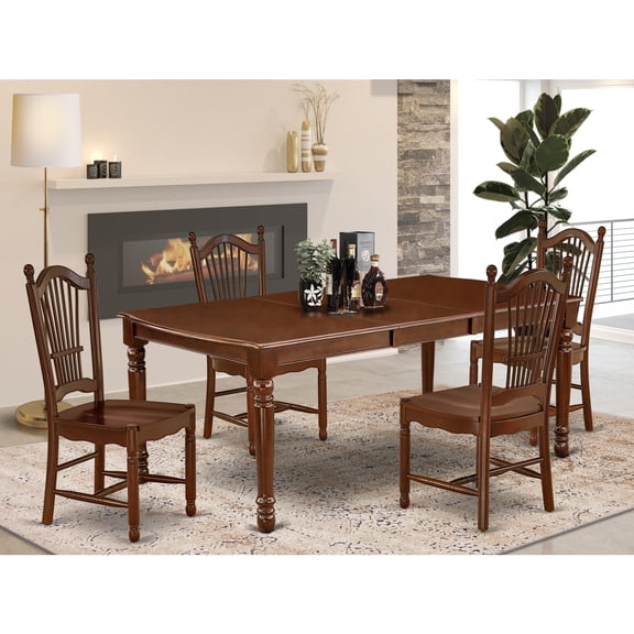 HomeStock Mountain Majesty 5Pc Rectangular 60/78 Inch Dining Room Table With 18 In Butterfly Leaf And Four Wood Seat Chairs