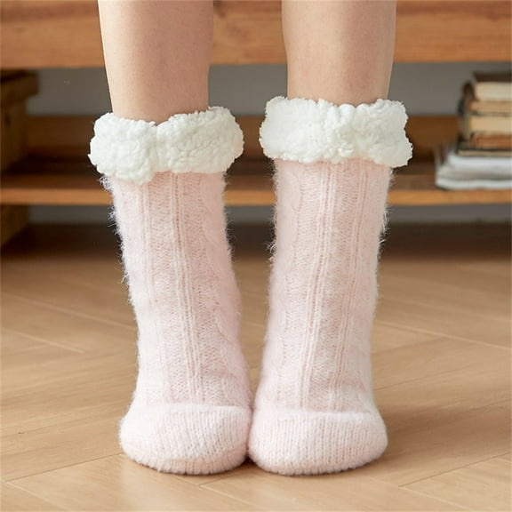 1 Pair Thick Slipper Socks for Women Padded Floor Socks Lambswool Lined Slipper Socks Winter Warm Fuzzy Indoor Christmas Gifts Socks