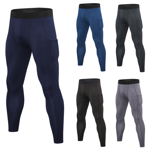 Mens Compression Pants Running Tights with Pockets Breathable Quick Dry Sports Workout Leggings Athletic Base Layer for Cycling Basketball Navy