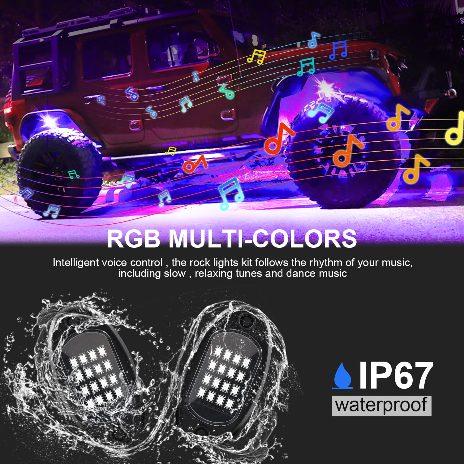 6/8 Pods Wide Angle RGB LED Rock Lights for Off-Road UTV ATV