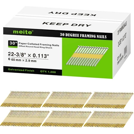 1,000 PCS MEITE 30 Degree Framing Nails 2-3/8Inch x .113 Inch, Ring Shank, Galvanized Coated, Paper Tape Collated, Offset Round Head Framing Nails for 30-34 Degree Framing Nailers