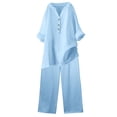 thumbnail image 6 of JFGHDG Linen Sets for Women 2 Piece Cotton V Neck 3/4 Sleeve Sleeve Top Wide Leg Pants Outfits Summer Casual Loungewear Blue L, 6 of 7
