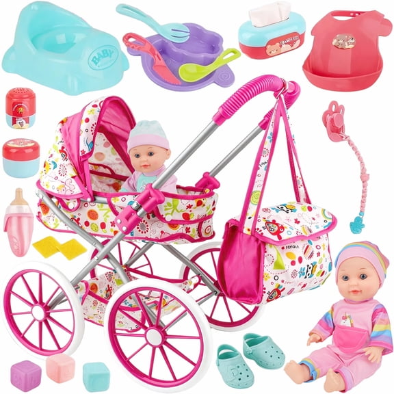 Aijohnny Baby Doll Stroller Toys Set, Montessori Education for Kids, Soft and Safe Matrials Birthday Gifts for 1-3, 3-8 Year Old