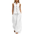 thumbnail image 2 of Pounoo Women's Two Piece Set Linen Blend Sleeveless Tops and Trousers Casual Summer Vacation Loose Wide Leg Outfits Gift, 2 of 7