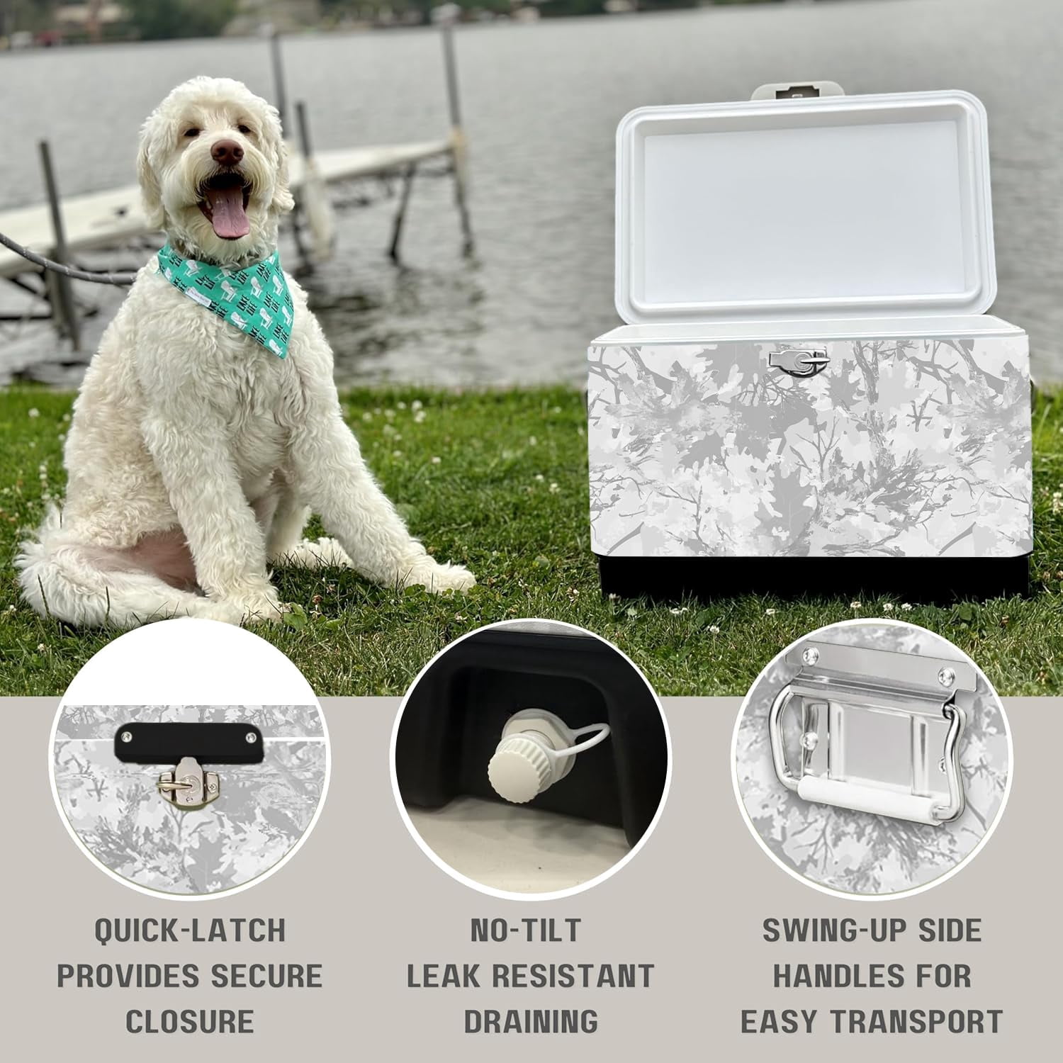 FSE Hard-Sided 54 Qt. / 80 Can Metal Cooler, Two-Tone Gray Camo and Black, Durable Outdoor Beverage Cooler with Latch Closure, Plastic Lining, Side Handles, Portable Tailgating and Camping Ice Chest
