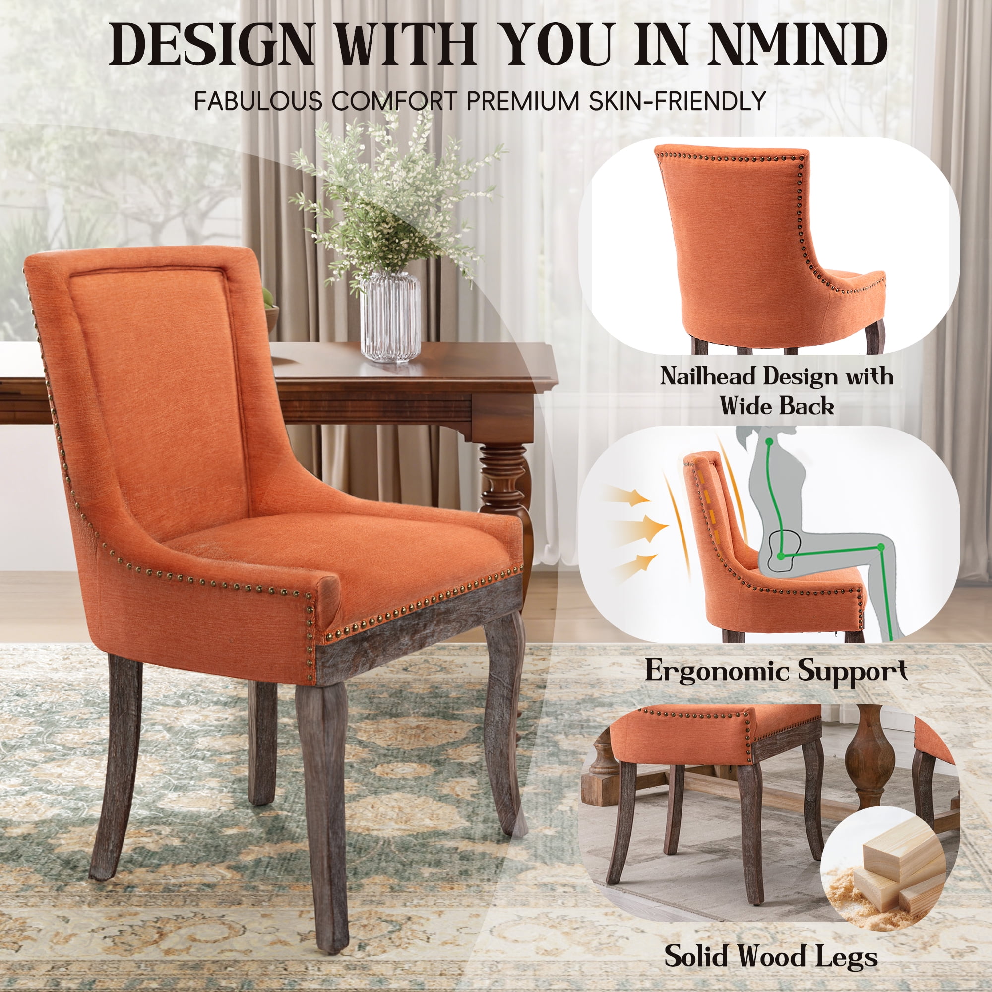 DONICK Vintage Fabric Upholstered Dining Chairs,Solid Wood Kitchen Dining Room Chairs with Nailheads Solid Wood Legs (Orange,Set of 6)