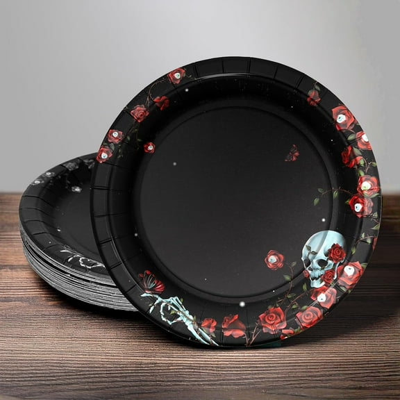 Cheerland 24 Pcs Rose Skull Disposable Party Paper Plates for Halloween Birthday Celebration